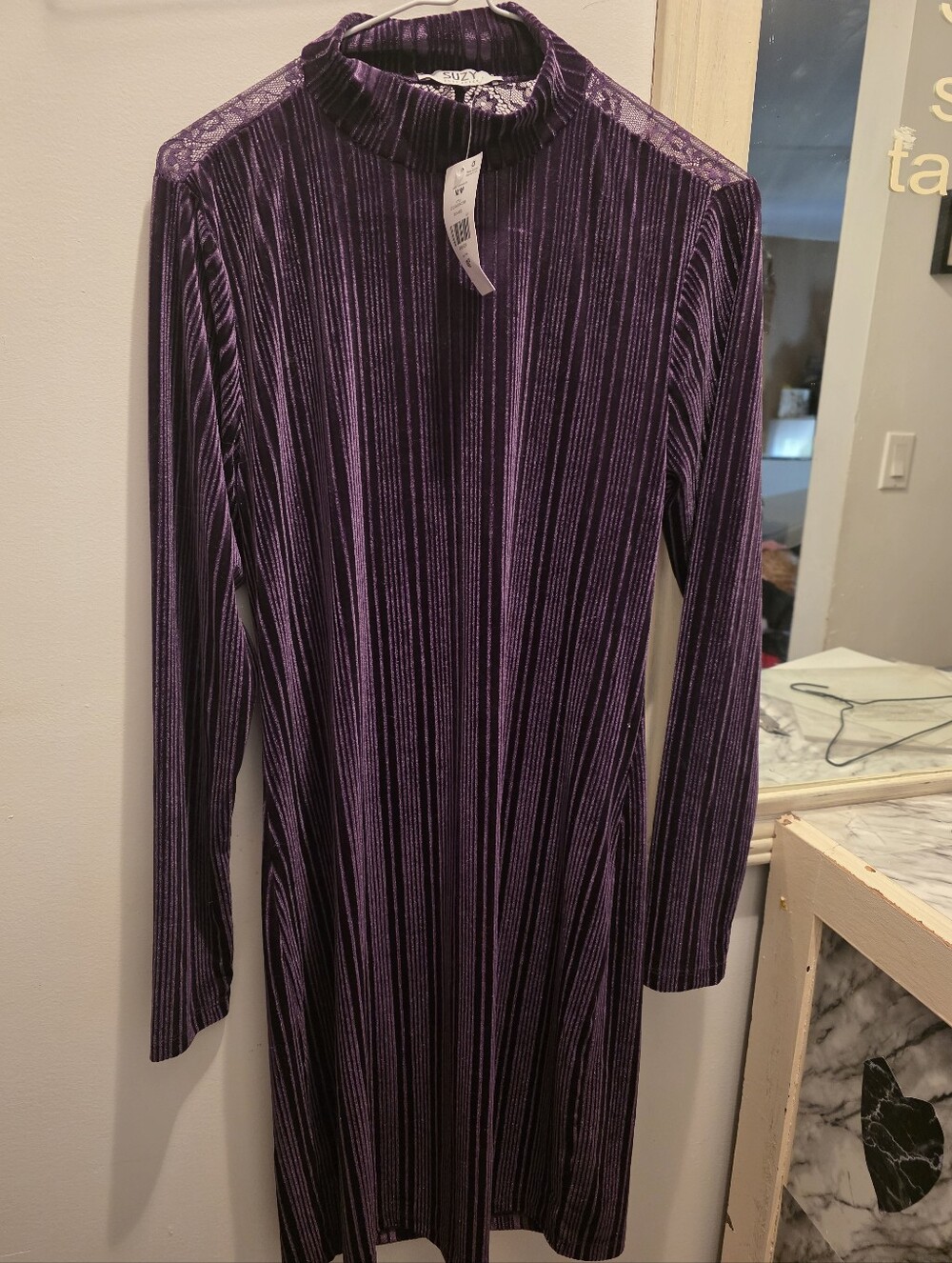 Purple Ribbed Long-Sleeve Dress
